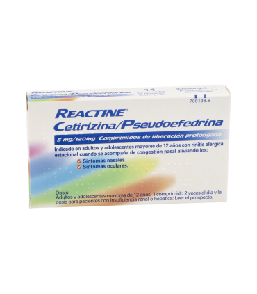 REACTINE CETIRIZINA/PSEUDOEFEDRINA 5 mg/120 mg 14 COMPRIMIDOS LIBERACION PROLONGADA