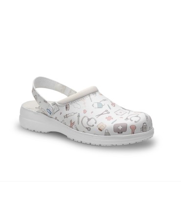 FELIZ CAMINAR ZUECOS SANITARIOS O LABORALES ABIERTOS BLANCO DIBUJOS TALLA 40