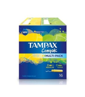 TAMPAX COMPAK TAMPON 100% ALGODON MULTIPACK 8 U REGULAR + 8 U SUPER